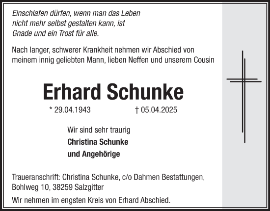 Traueranzeige von Erhard Schunke von Salzgitter-Zeitung