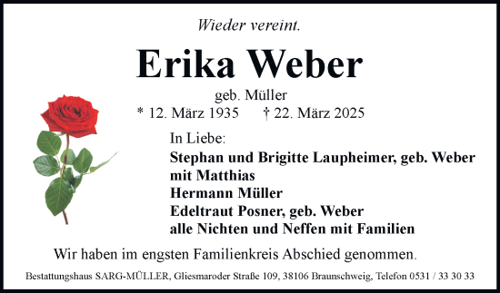 Traueranzeige von Erika Weber 