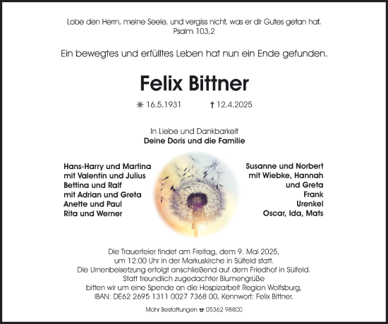 Traueranzeige von Felix Bittner 