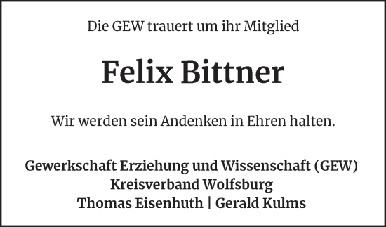 Traueranzeige von Felix Bittner 