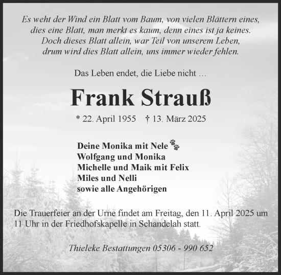 Traueranzeige von Frank Strauß 