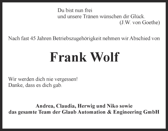 Traueranzeige von Frank Wolf von Salzgitter-Zeitung, Peiner Nachrichten