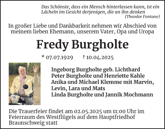 Traueranzeige von Fredy Burgholte 