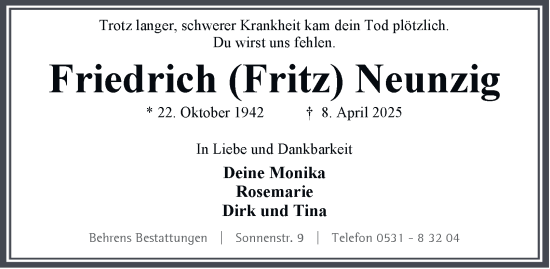 Traueranzeige von Friedrich Neunzig 