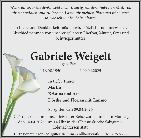 Traueranzeige von Gabriele Weigelt von Salzgitter-Zeitung