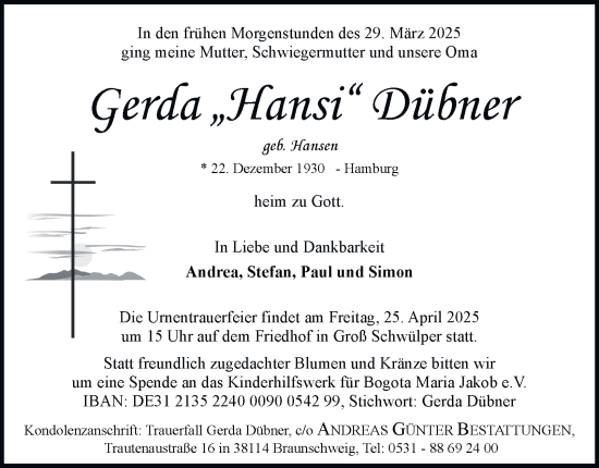 Traueranzeige von Gerda Dübner 