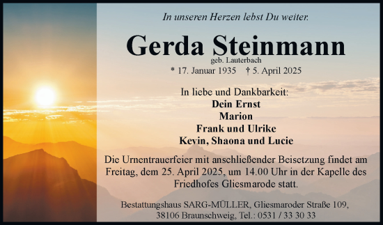 Traueranzeige von Gerda Steinmann 