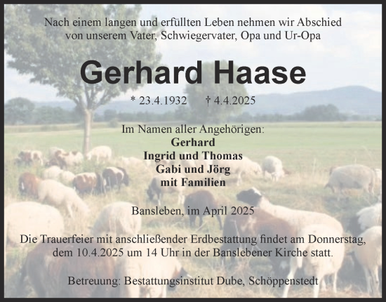 Traueranzeige von Gerhard Haase von Wolfenbütteler Zeitung