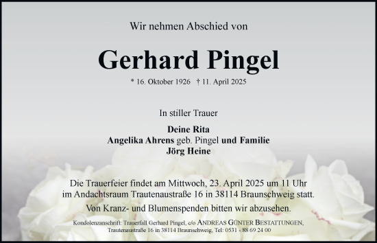 Traueranzeige von Gerhard Pingel 