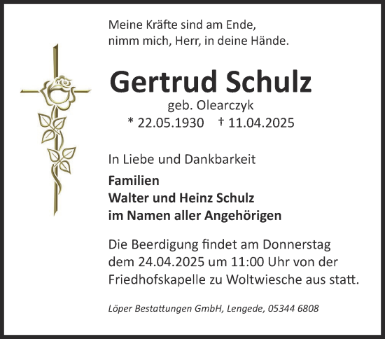 Traueranzeige von Gertrud Schulz von Peiner Nachrichten