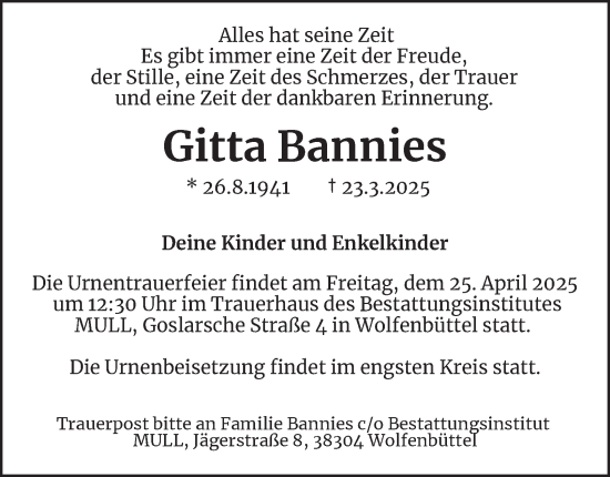 Traueranzeige von Gitta Bannies 
