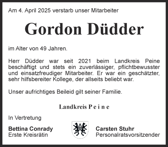 Traueranzeige von Gordon Düdder von Peiner Nachrichten