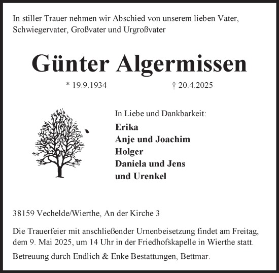 Traueranzeige von Günter Algermissen von Peiner Nachrichten