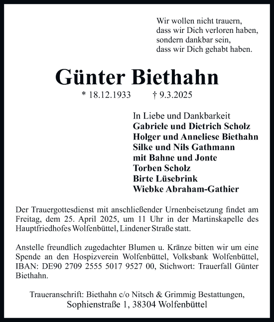 Traueranzeige von Günter Biethahn von Wolfenbütteler Zeitung