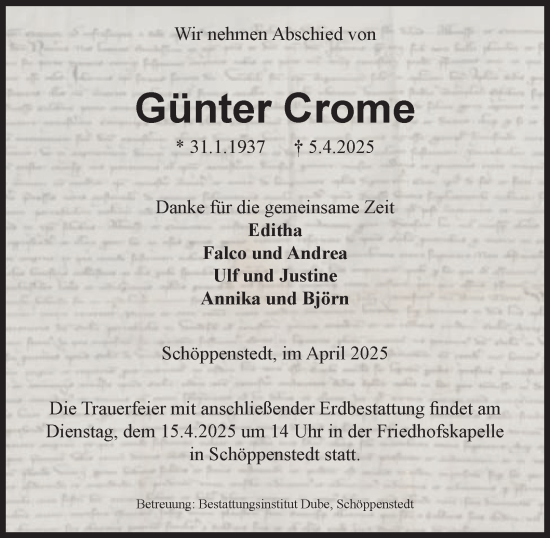 Traueranzeige von Günter Crome von Wolfenbütteler Zeitung