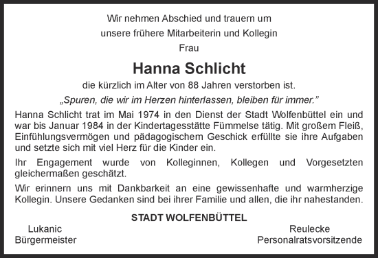 Traueranzeige von Hanna Schlicht von Wolfenbütteler Zeitung