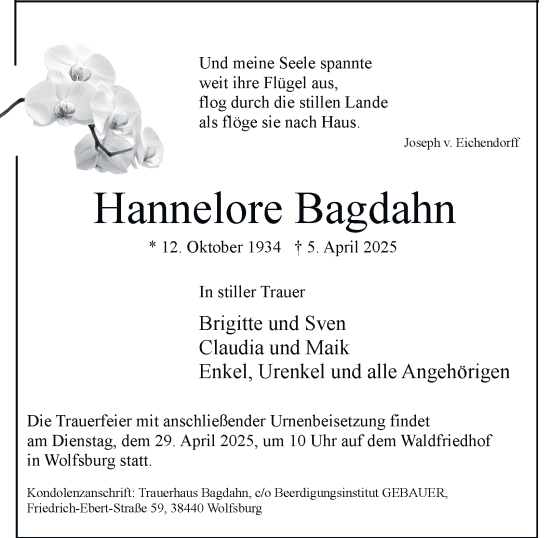 Traueranzeige von Hannelore Bagdahn 