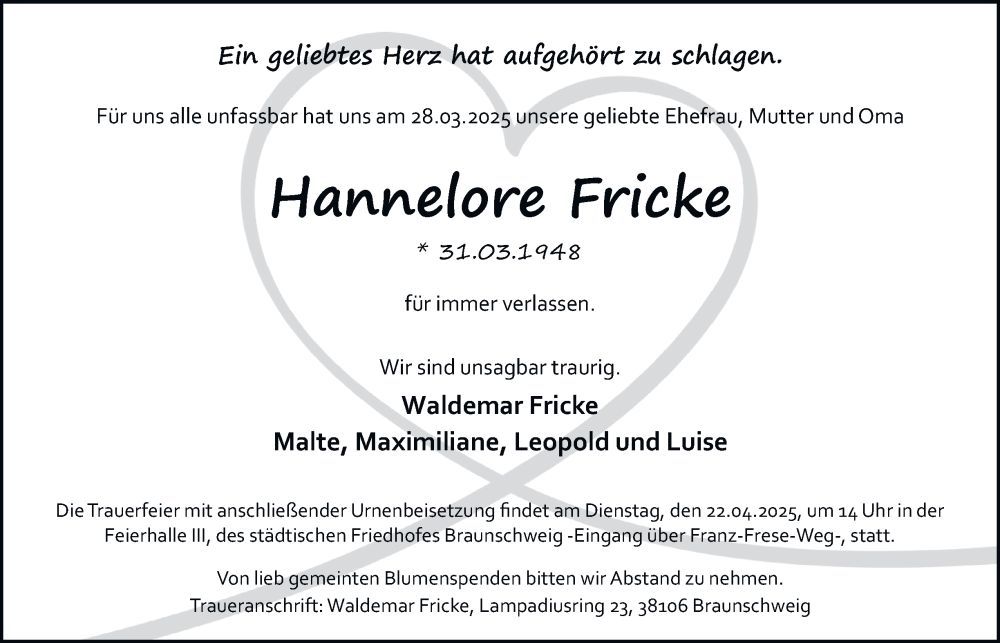  Traueranzeige für Hannelore Fricke vom 05.04.2025 aus 
