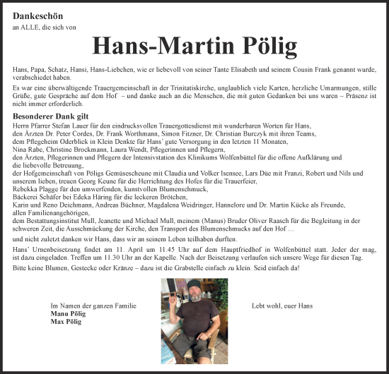 Traueranzeige von Hans-Martin Pölig von Wolfenbütteler Zeitung