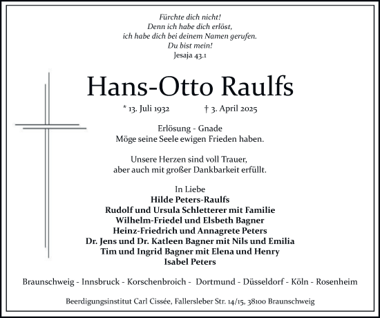 Traueranzeige von Hans-Otto Raulfs 
