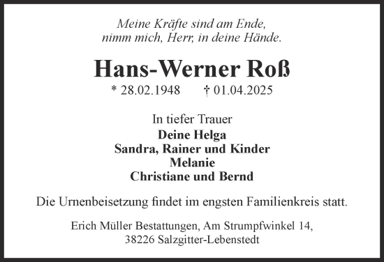 Traueranzeige von Hans-Werner Roß von Salzgitter-Zeitung
