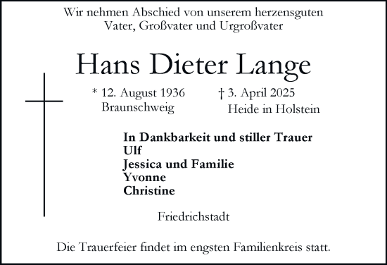 Traueranzeige von Hans Dieter Lange 