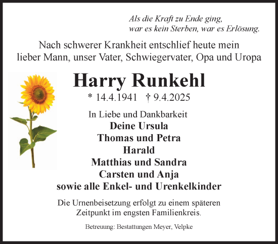 Traueranzeige von Harry Runkehl von Helmstedter Nachrichten