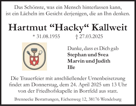 Traueranzeige von Hartmut Kallweit von Peiner Nachrichten