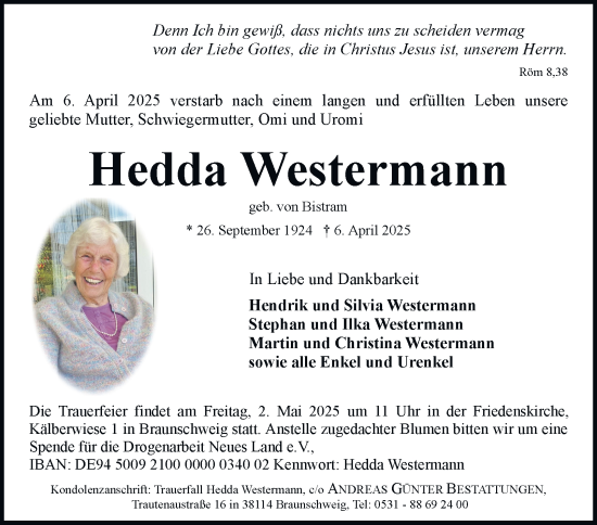 Traueranzeige von Hedda Westermann 