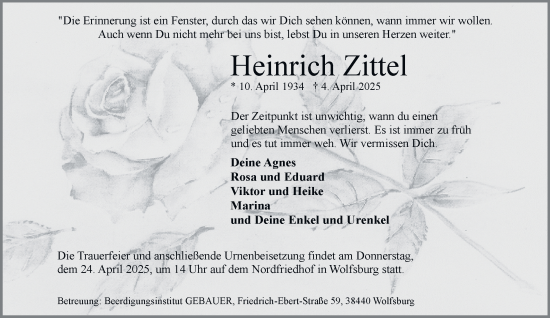 Traueranzeige von Heinrich Zittel 