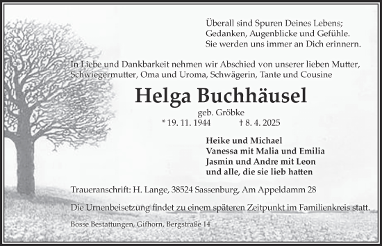 Traueranzeige von Helga Buchhäusel von Helmstedter Nachrichten