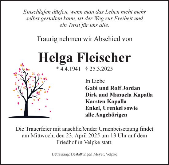 Traueranzeige von Helga Fleischer von Helmstedter Nachrichten
