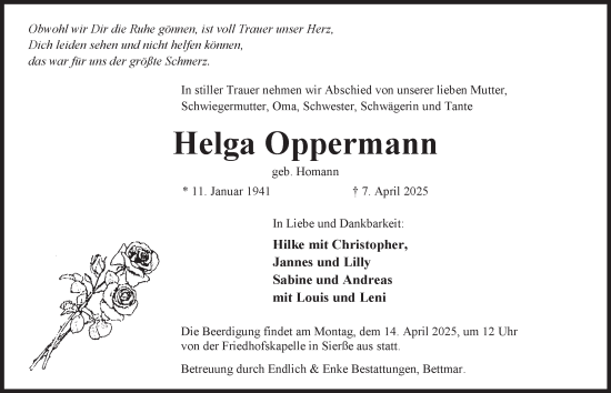 Traueranzeige von Helga Oppermann von Peiner Nachrichten