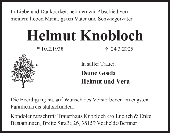 Traueranzeige von Helmut Knobloch von Peiner Nachrichten