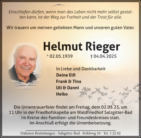 Traueranzeige von Helmut Rieger von Salzgitter-Zeitung
