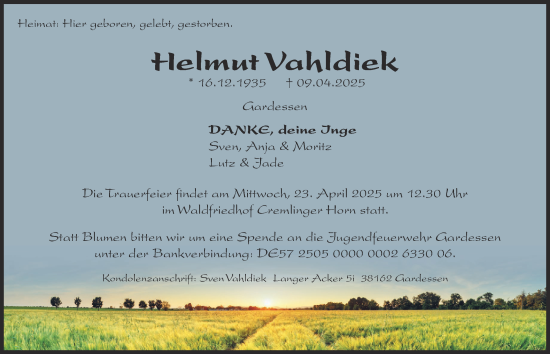 Traueranzeige von Helmut Vahldiek von Wolfenbütteler Zeitung