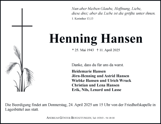 Traueranzeige von Henning Hansen 