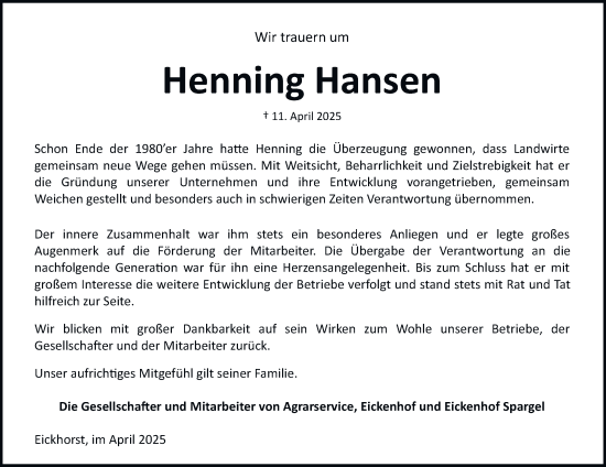Traueranzeige von Henning Hansen 