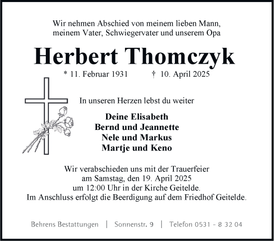 Traueranzeige von Herbert Thomczyk 