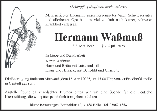 Traueranzeige von Hermann Waßmuß von Salzgitter-Zeitung