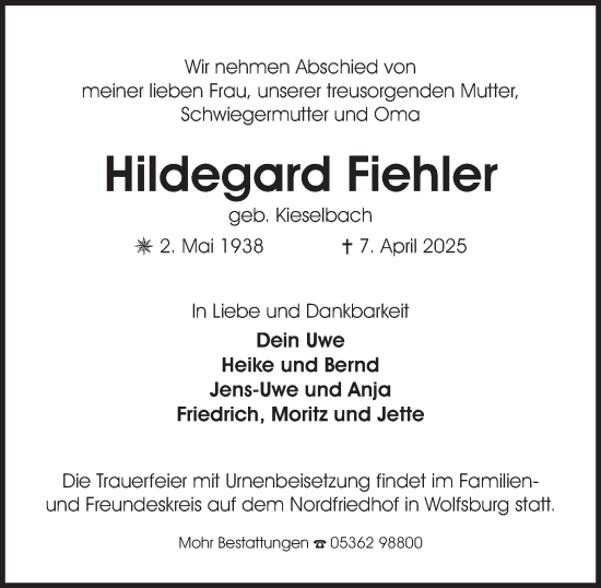 Traueranzeige von Hildegard Fiehler 