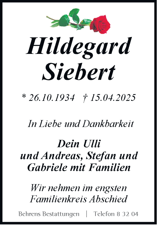 Traueranzeige von Hildegard Siebert 