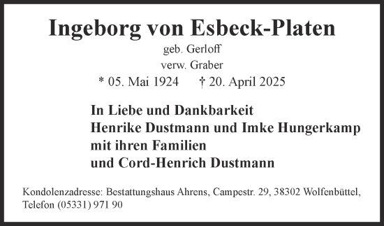 Traueranzeige von Ingeborg von Esbeck-Platen von Wolfenbütteler Zeitung