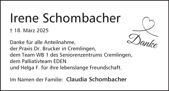 Traueranzeige von Irene Schombacher 