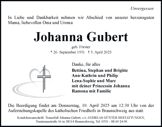 Traueranzeige von Johanna Gubert 
