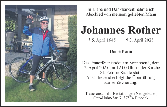Traueranzeige von Johannes Rother von Wolfenbütteler Zeitung