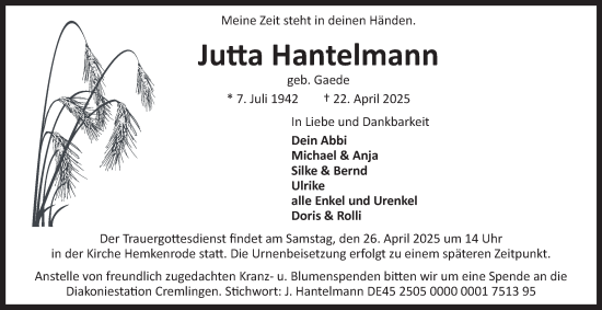 Traueranzeige von Jutta Hantelmann 