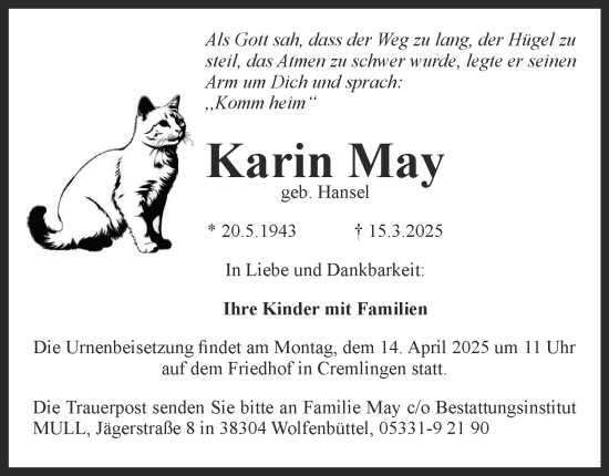 Traueranzeige von Karin May von Wolfenbütteler Zeitung