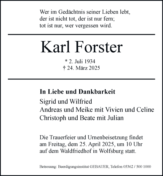 Traueranzeige von Karl Forster 