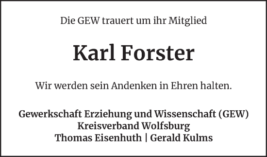 Traueranzeige von Karl Forster 